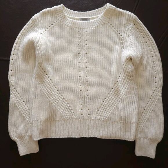 H&M Sweater Large Ivory Knitted Ribbed Chunky Cotton Preppy Cozy Beach - Picture 2 of 8